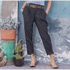 Sundance Amelia Trouser Pant Black White Pinstripe 4 Button Linen Cotton Blend